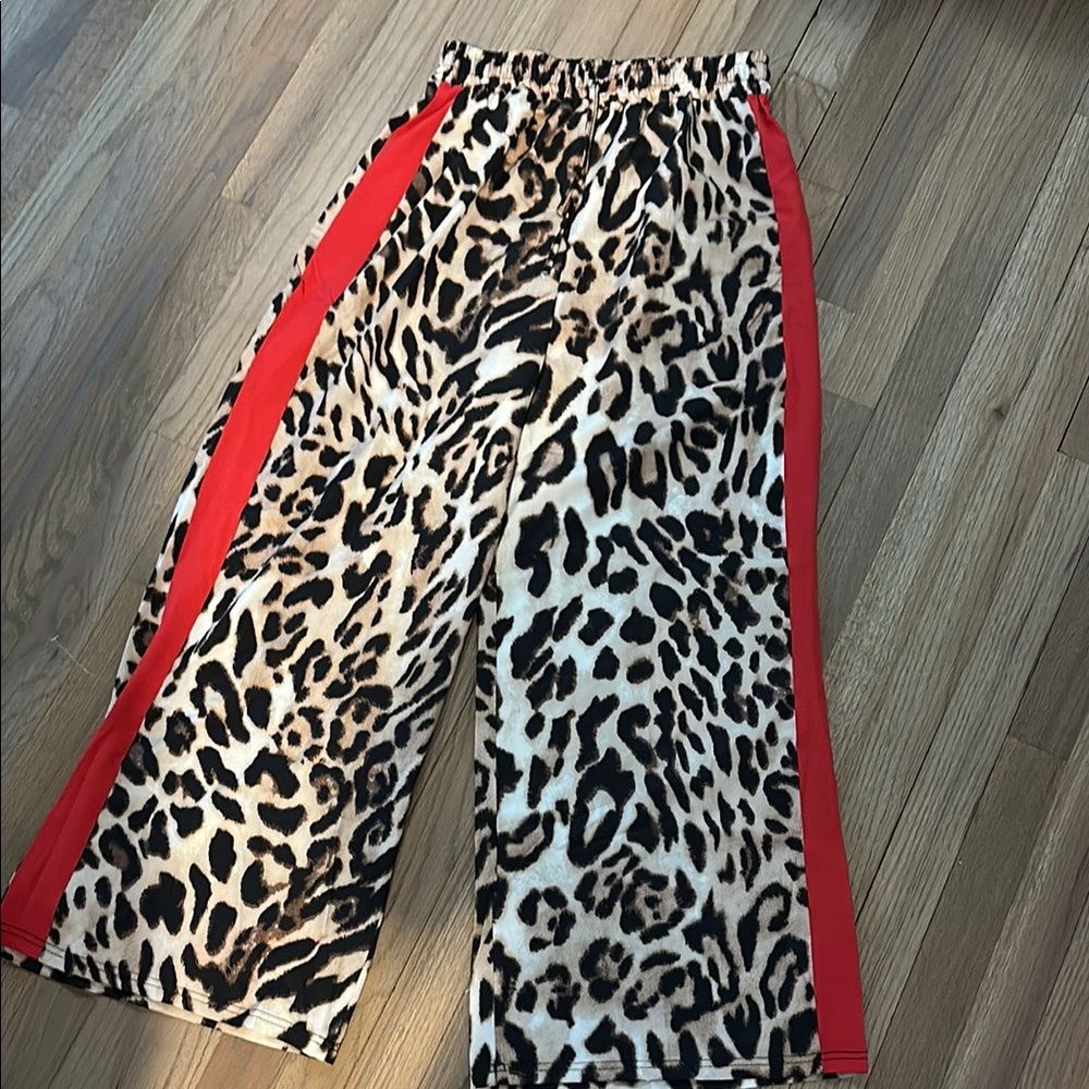 Leopard Print Wide-Leg Pants with Red Stripes size medium